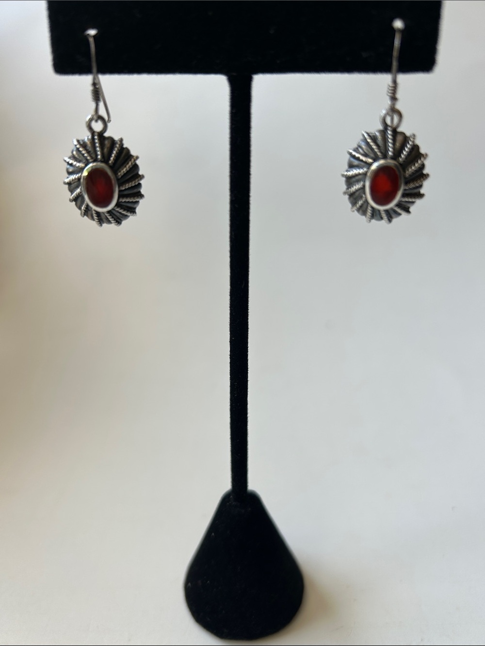 Sterling Silver 925 Sunburst Drop Earrings with Red Carnelian Cabochon Center
